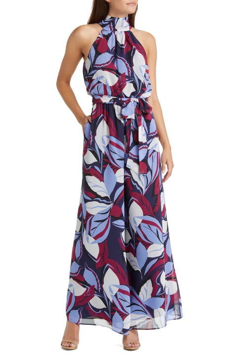 Print Tie Waist Wide Leg Jumpsuit