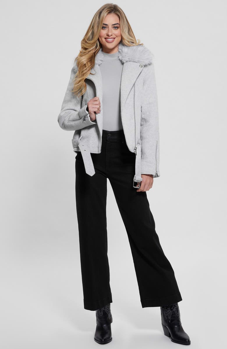 GUESS Nancy Moto Jacket with Removable Faux Fur Collar, Alternate, color, Light Melange Grey