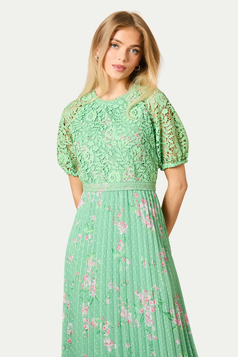Floral Lace Bodice Pleated Midi Dress, Alternate, color, Sage
