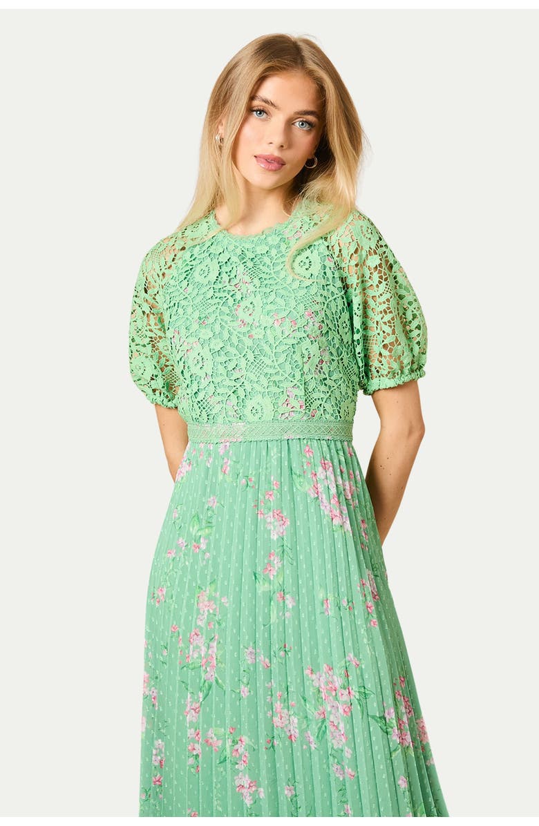 Oasis Floral Lace Bodice Pleated Midi Dress, Alternate, color, Sage