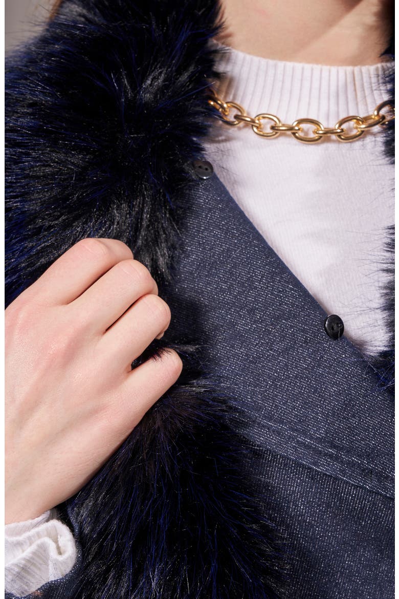 Kaya Faux Leather Trench Coat with Faux Fur Trim, Alternate, color, DARK DENIM