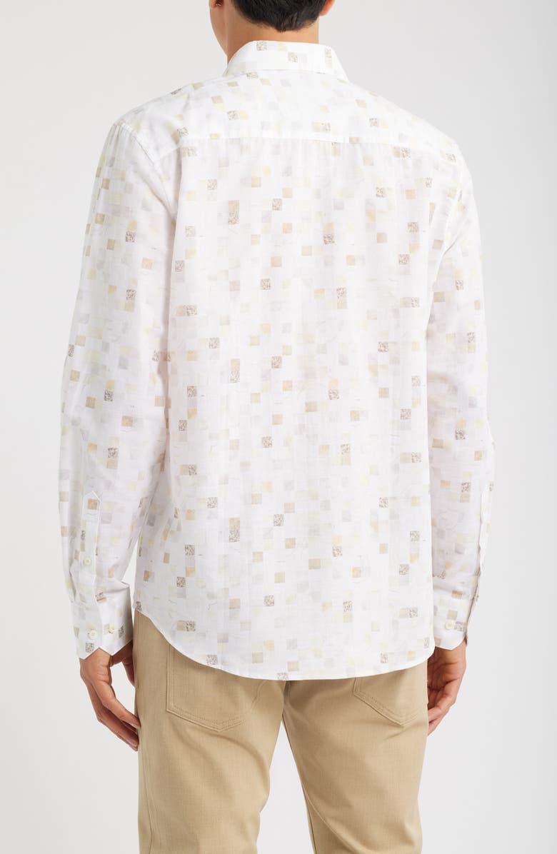 Bugatchi Axel Trim Fit Geometric Print Cotton & Linen Button-Up Shirt, Alternate, color, Desert