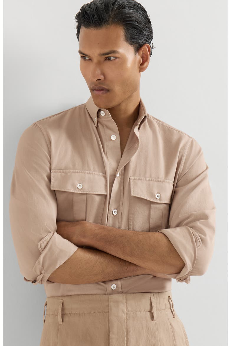 Garment-dyed cotton and linen shirt, Alternate, color, Tobacco