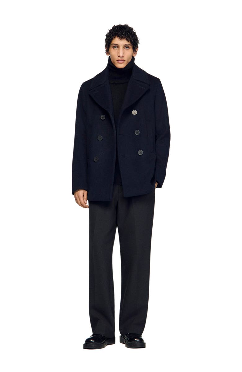 SANDRO Straight-fit wool-blend coat, Alternate, color, Navy Blue