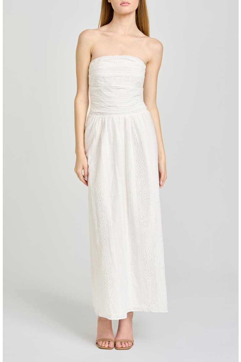 Pippa Gathered Eyelet Strapless Cotton Midi Dress, Main, color, IVORY