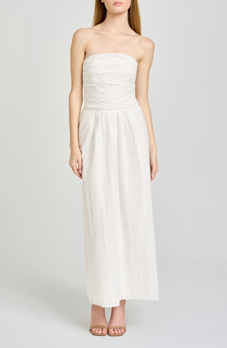 WAYF Pippa Gathered Eyelet Strapless Cotton Midi Dress, Main, color, 