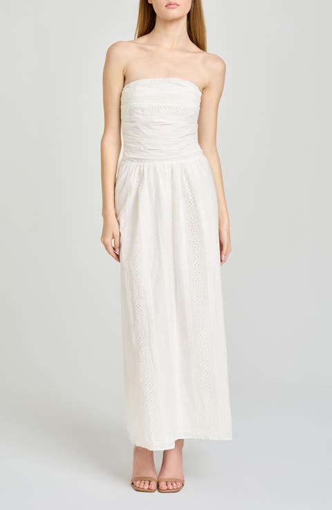 Pippa Gathered Eyelet Strapless Cotton Midi Dress