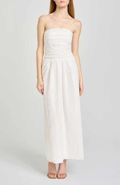 Pippa Gathered Eyelet Strapless Cotton Midi Dress