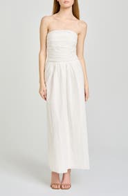WAYF Pippa Gathered Eyelet Strapless Cotton Midi Dress