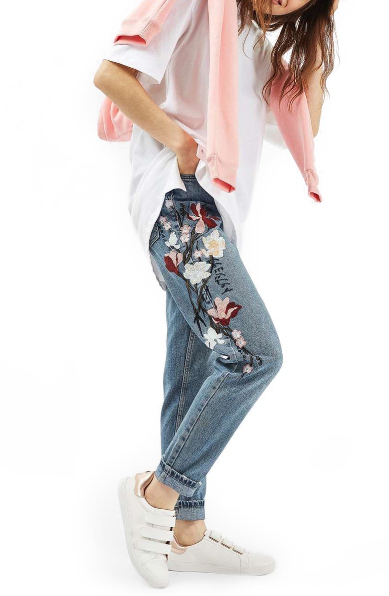 Topshop Mom Embroidered Jeans, Alternate, color, 