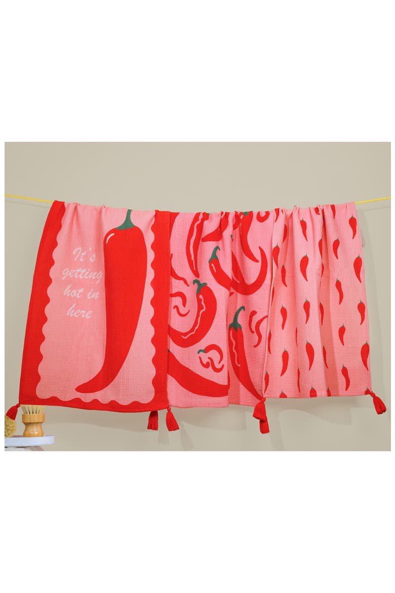 Set of Three It's Getting Hot in Here Chili Kitchen Towels, Alternate, color, HOT PINK/ RED