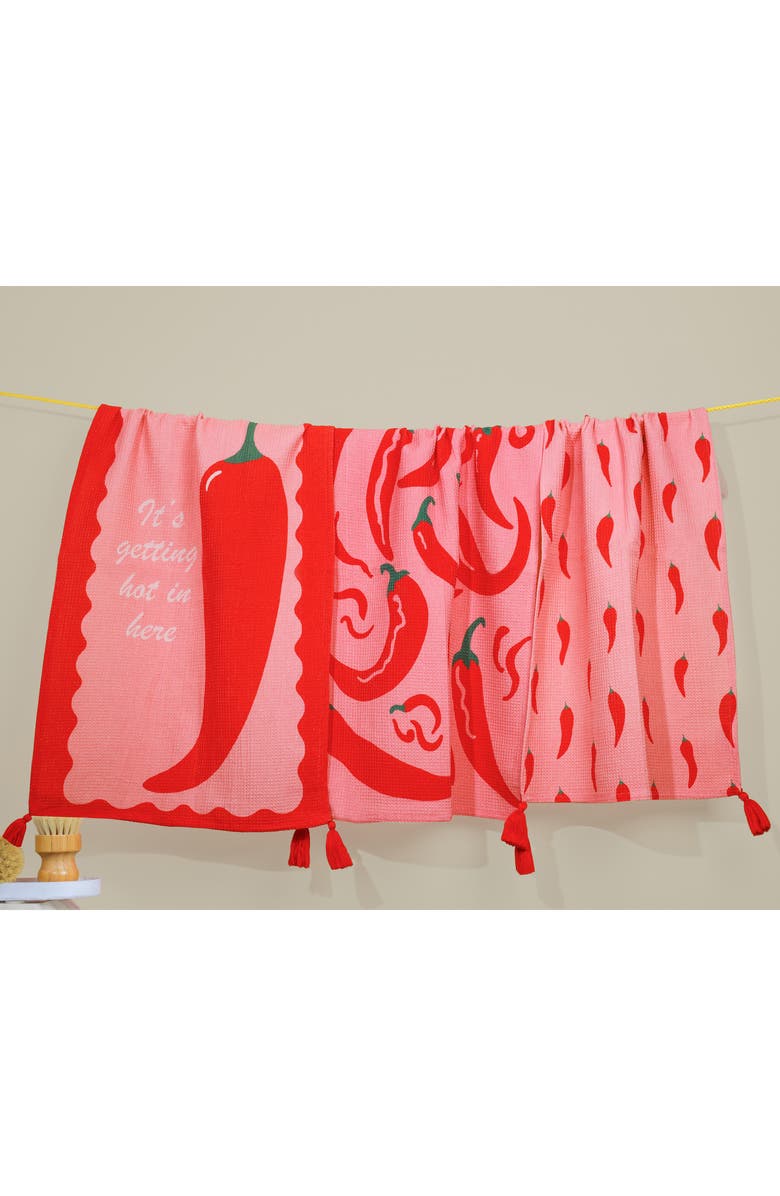 Tiramisu Set of Three It's Getting Hot in Here Chili Kitchen Towels, Alternate, color, Hot Pink/ Red