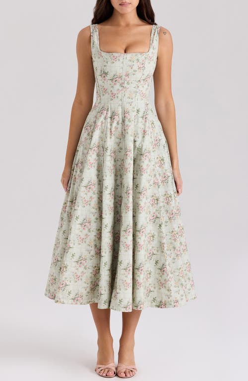 House Of Cb Mariabella Lace-up Stretch Cotton Midi Dress In Vintage Floral And Sage