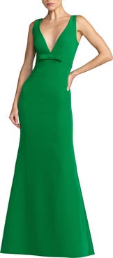 Mac Duggal Crepe Sleeveless V Neck Sheath Gown With Bow