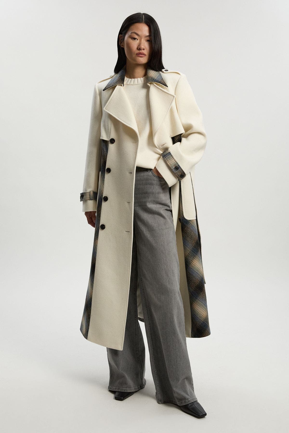 Karen Millen Wool Check Trench Midi Coat In White