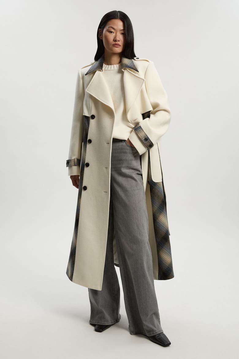 Wool Check Trench Midi Coat, Main, color, Ivory