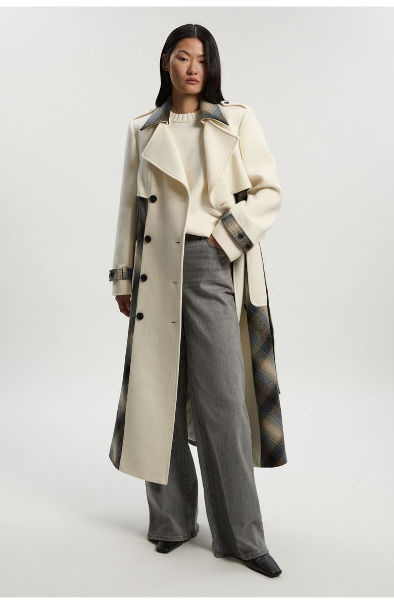 Karen Millen Wool Check Trench Midi Coat, Main, color, Ivory