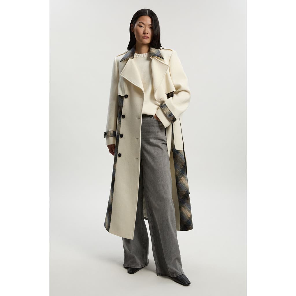 Karen Millen Wool Check Trench Midi Coat In White