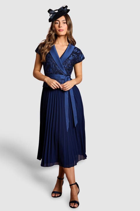 Lace Wrap Top Pleat Tux Midi Dress