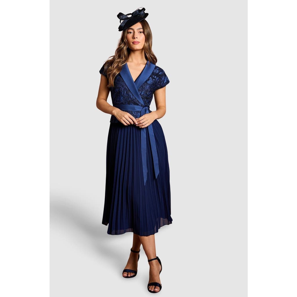 Coast Lace Wrap Top Pleat Tux Midi Dress In Blue