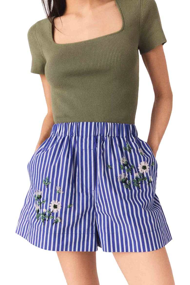 Embroidered striped cotton shorts, Alternate, color, White/blue