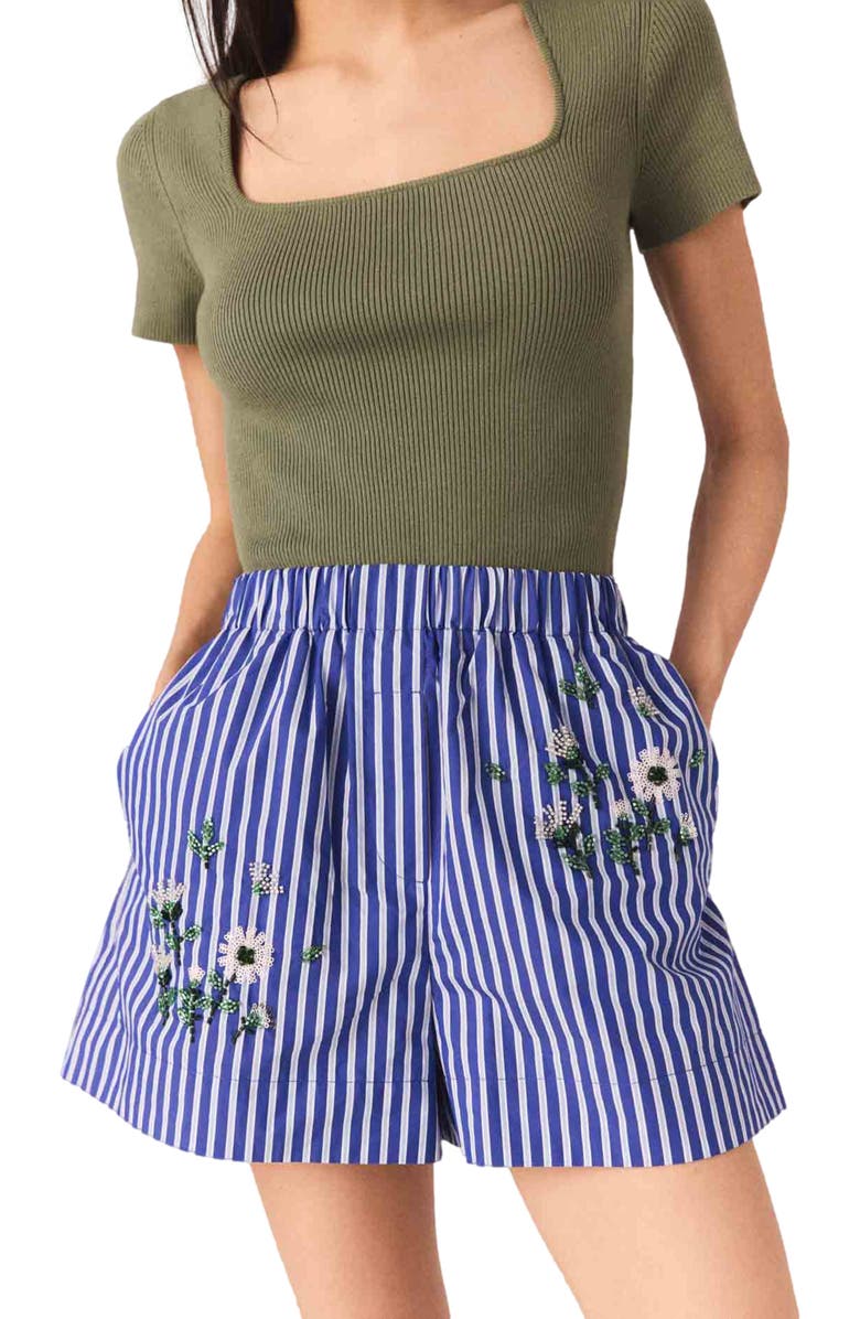 maje Embroidered striped cotton shorts, Alternate, color, White/Blue