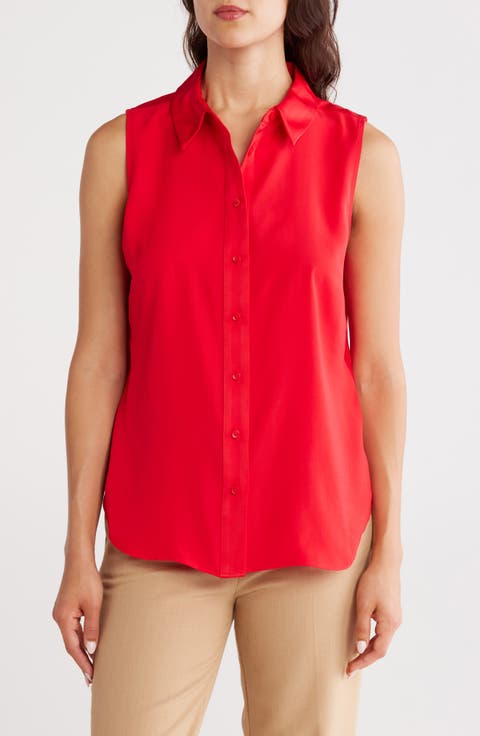 Sleeveless Satin Button-Up Shirt
