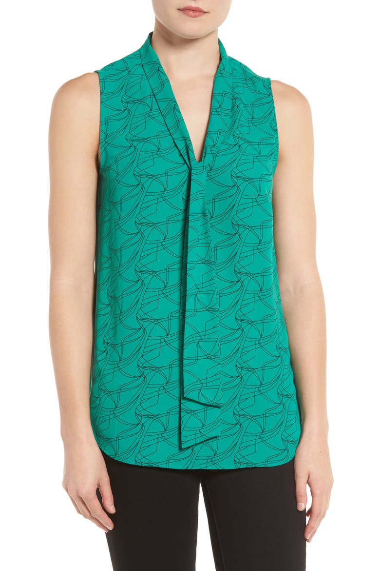 Tie Neck Sleeveless Blouse, Main, color, GREEN- BLACK WAVE LINES