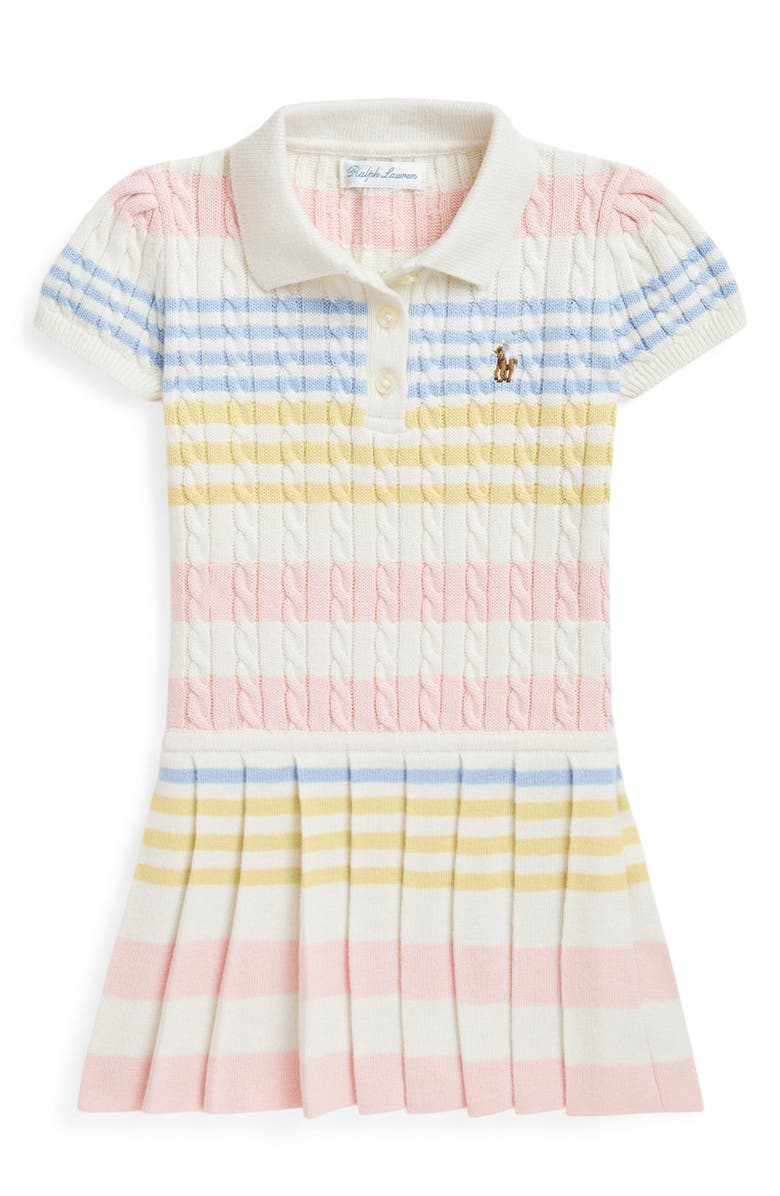 Ralph Lauren Stripe Cable Stitch Pleated Cotton Polo Sweater Dress, Main, color, 