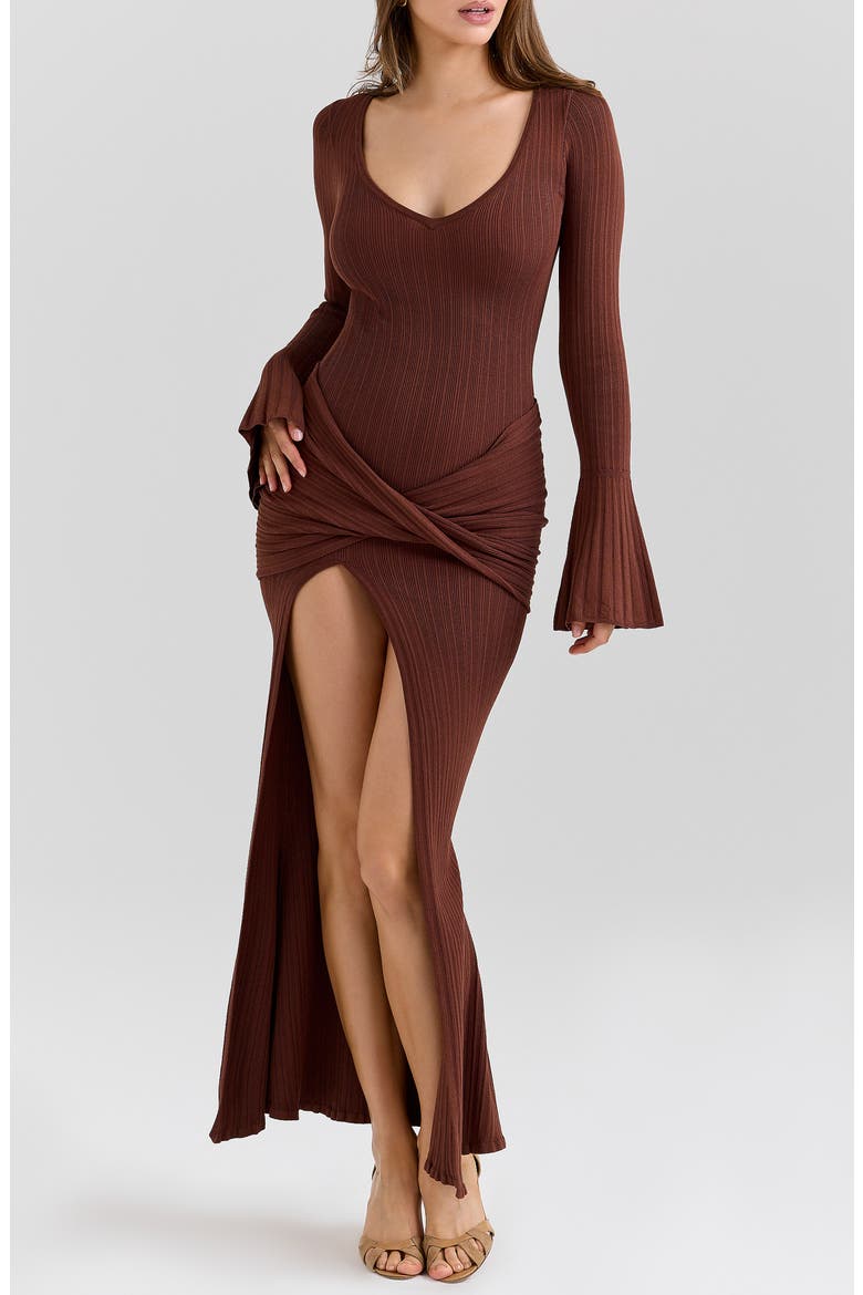 Khrysta Long Sleeve Rib Body-Con Maxi Cocktail Dress, Main, color, CHOCOLATE BROWN
