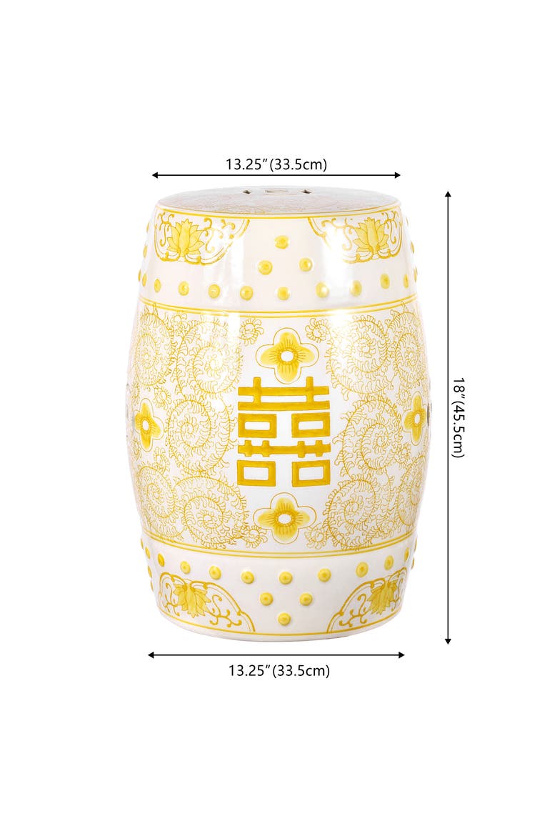 Double Happiness Traditional Ceramic Garden Stool, Indoor/Outdoor Chinoiserie Double Happiness Patio Drum Accent Side Table, Alternate, color, Yellow/White