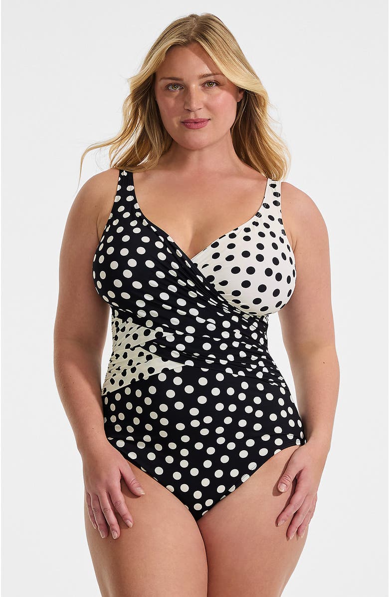 Lands' End SlenderSuit Wrap One Piece Swimsuit, Main, color, Black/Egret Mixed Tossed Dots