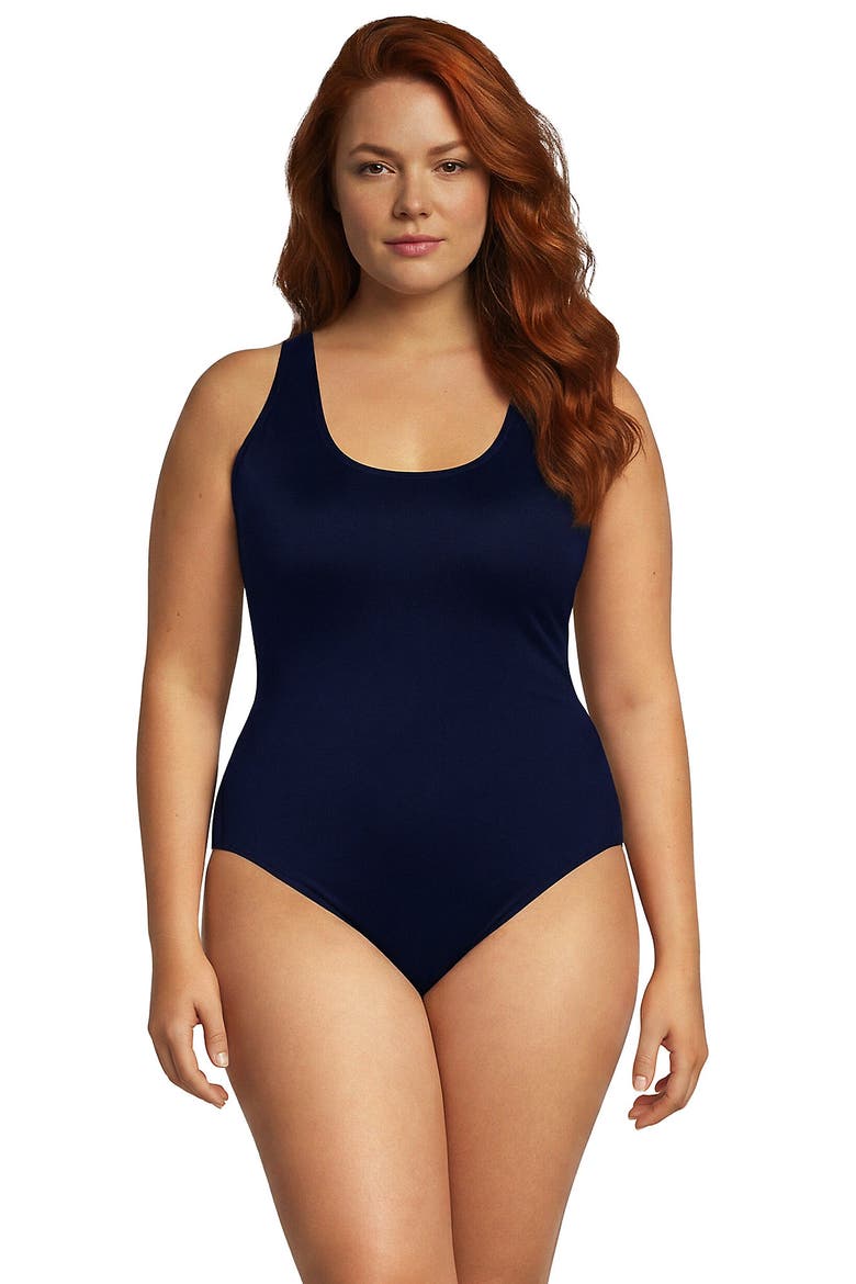 Chlorine Resistant Scoop Neck X-Back High Leg Soft Cup Tugless Sporty One Piece Swimsuit, Alternate, color, Deep Sea Navy