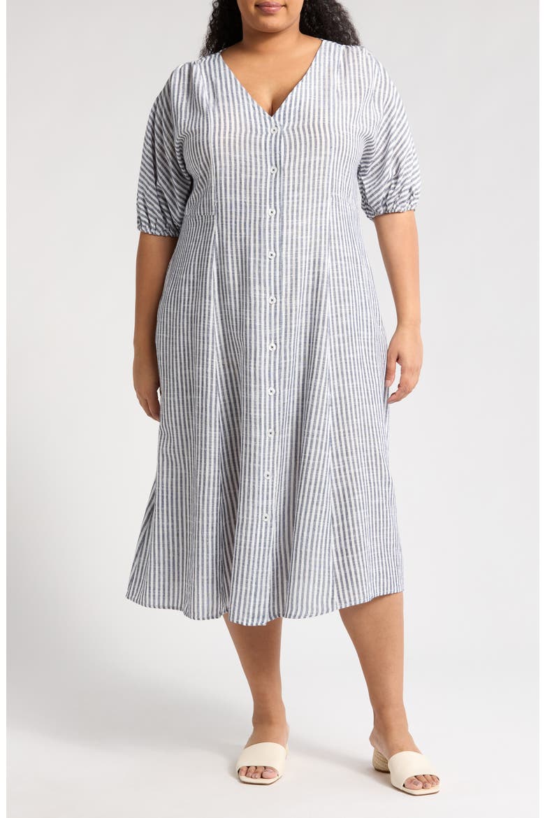 Yarn Dye Puff Sleeve Maxi Dress, Main, color, NAVY/ OFF WHITE AWNING STRIPE
