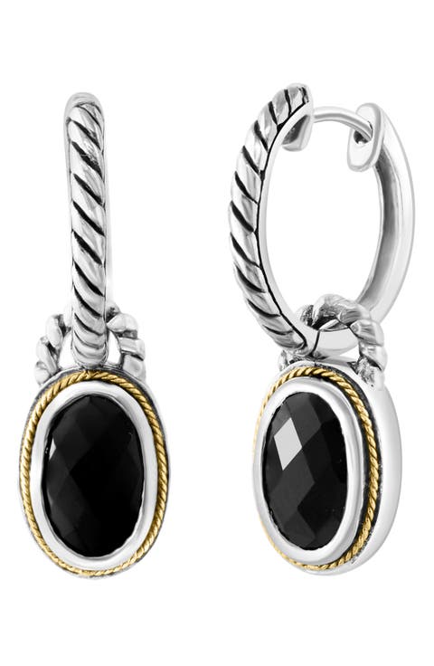 Onyx Drop Two-Tone Hoop Earrings