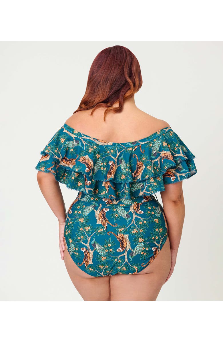 Unique Vintage Off Shoulder Nantucket Swimsuit, Alternate, color, Teal Tiger Print
