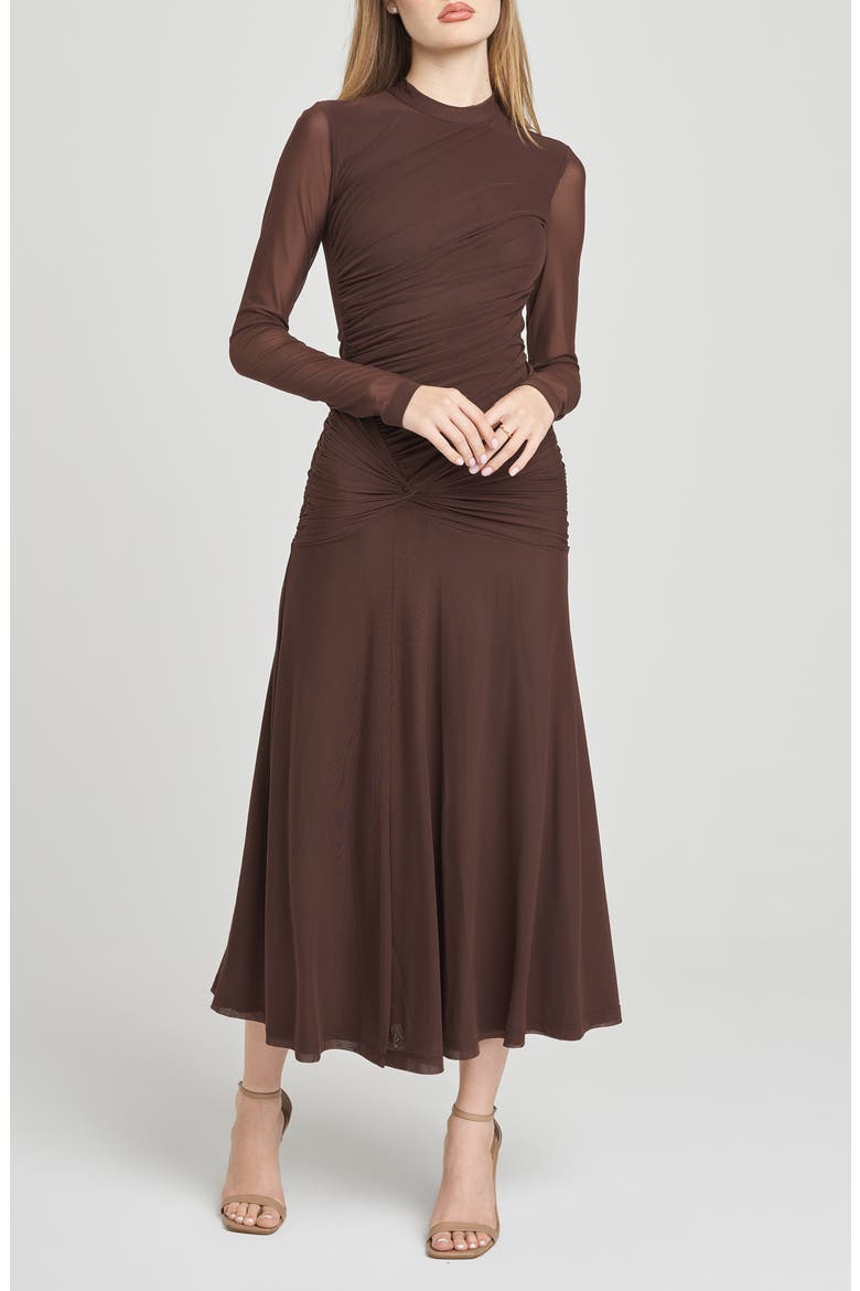 long sleeve dress ruched Jane Maxi Dress-Metallic Copper L neckline provides a universally flattering focal point that elongates the neck and décolletage Statement bishop sleeves with dramatic bell cuffs add romantic volume and sophisticated movement Three Ruched Printed Mock Neck Long
