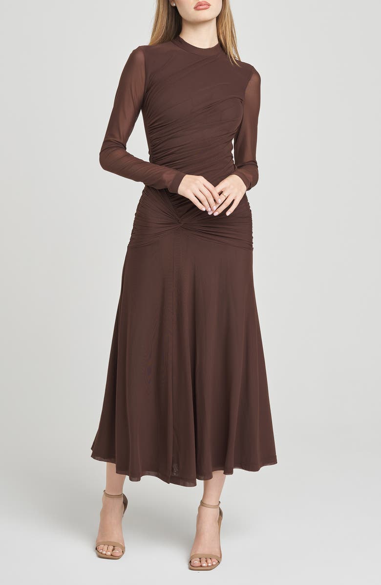 WAYF Selene Ruched Long Sleeve Dress, Main, color, Chocolate