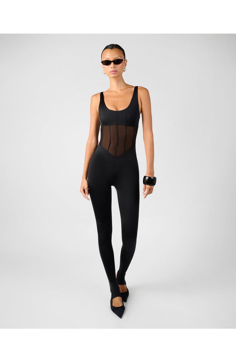 WeWoreWhat Spandex Sheer Panel Bodysuit, Main, color, Black
