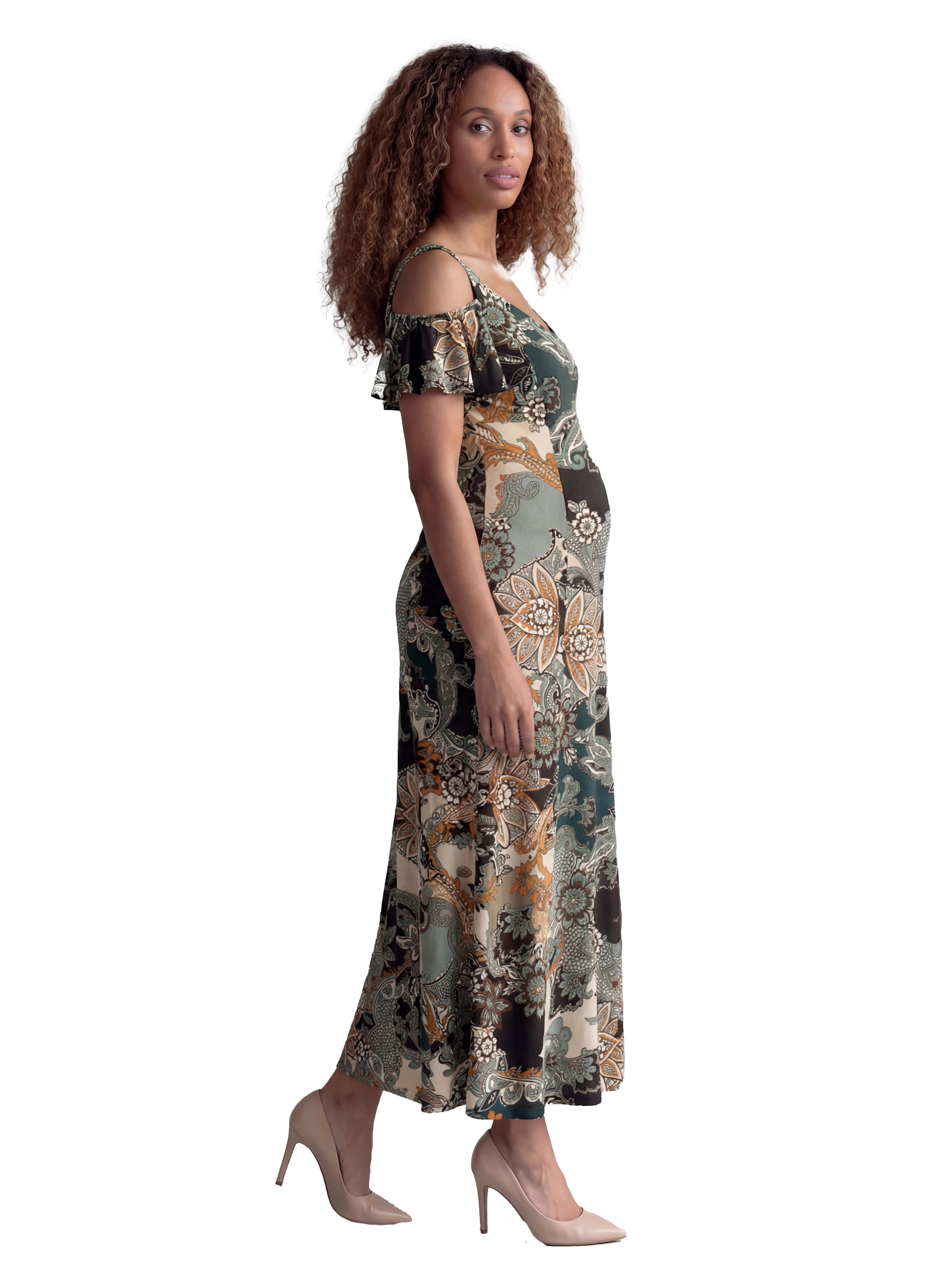 Maternity Elevate Paisley Print Soft V-Neck Cold Sholder Ruffle Sleeve A-Line Maxi Dress - image 2