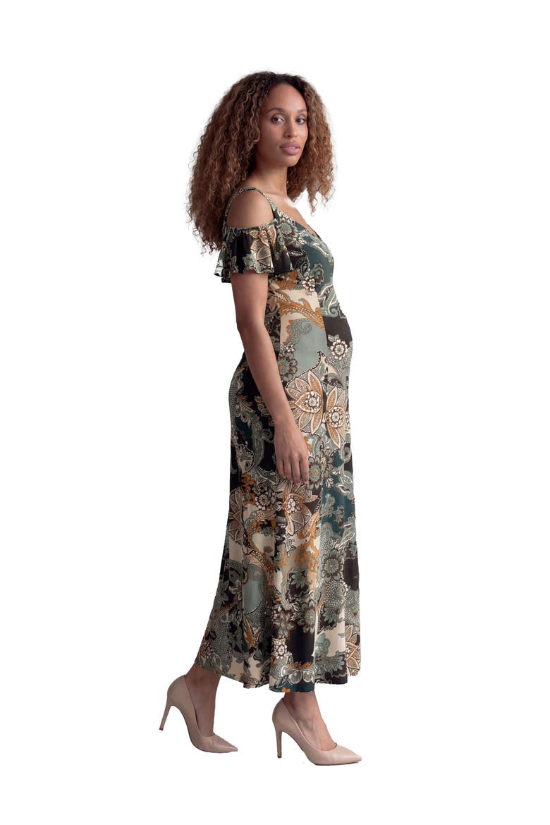 Maternity Elevate Paisley Print Soft V-Neck Cold Sholder Ruffle Sleeve A-Line Maxi Dress, Alternate, color, Green Multi