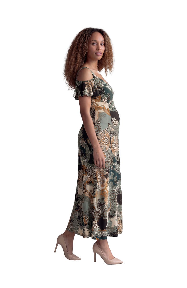 24seven Comfort Apparel Maternity Elevate Paisley Print Soft V-Neck Cold Sholder Ruffle Sleeve A-Line Maxi Dress, Alternate, color, Green Multi