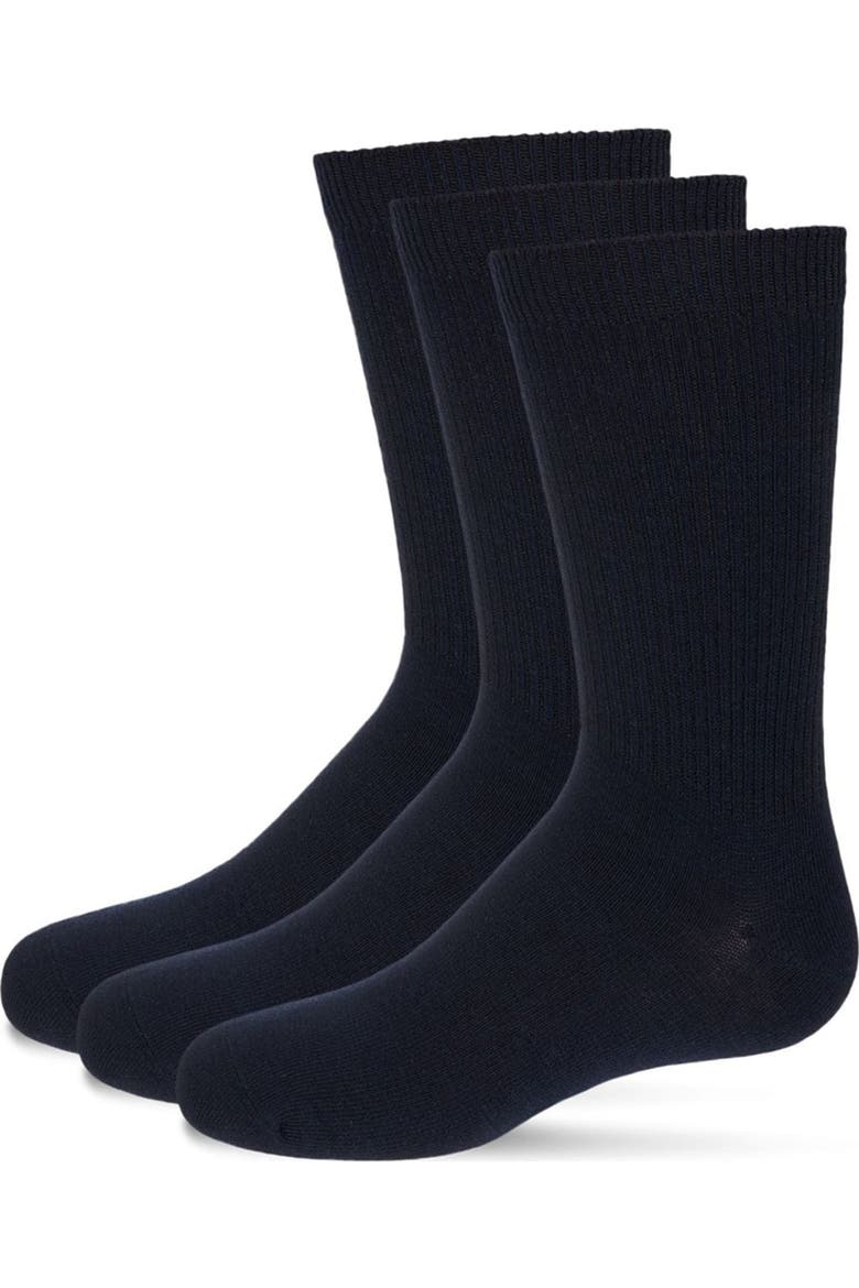 Boys' 3 Pair Pack Thin Ribbed Cotton Blend Crew Socks, Main, color, Navy