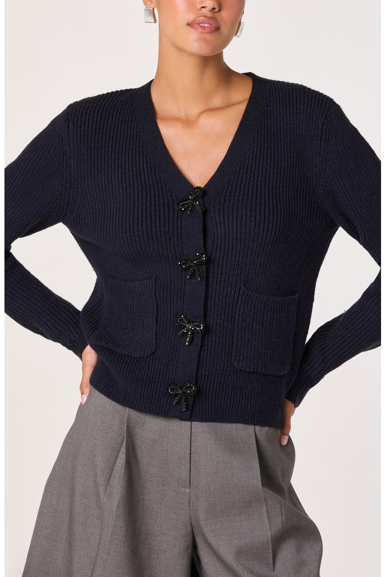Crystal Embellished Bow Detail Cardigan, Alternate, color, NAVY