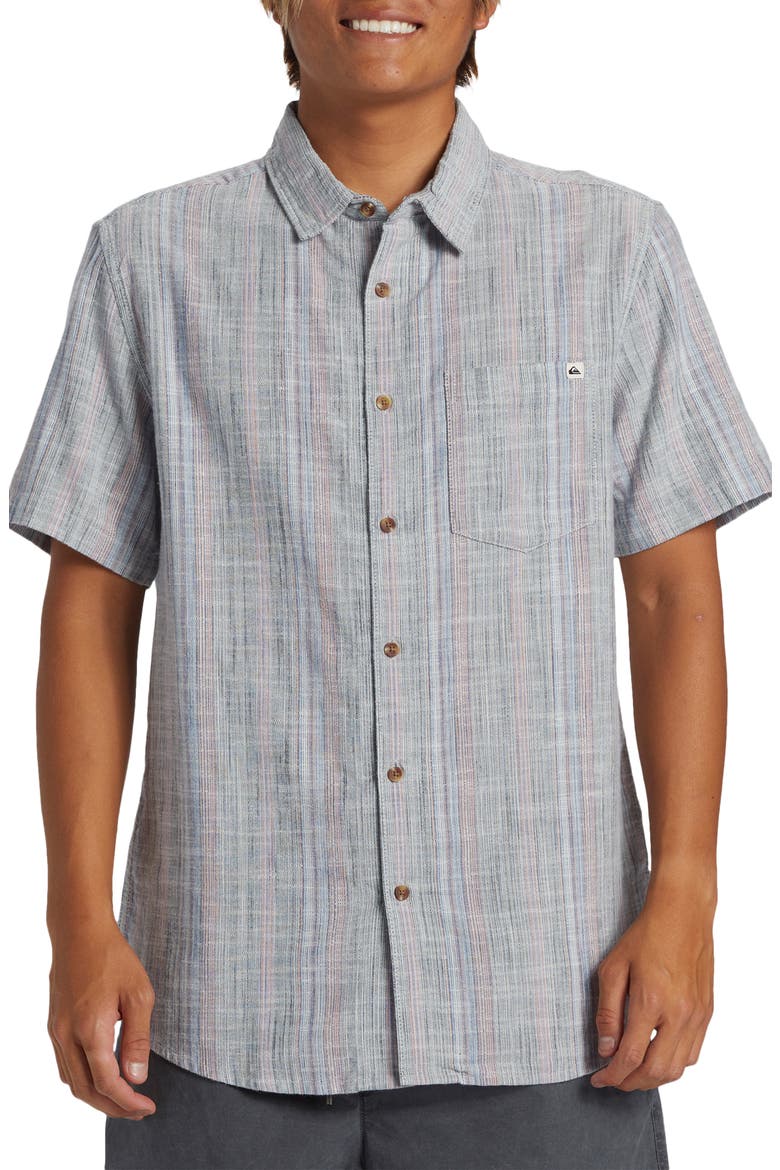 Pyke Stripe Short Sleeve Organic Cotton Button-Up Shirt, Main, color, BLUE FOG SPRAY SLUB