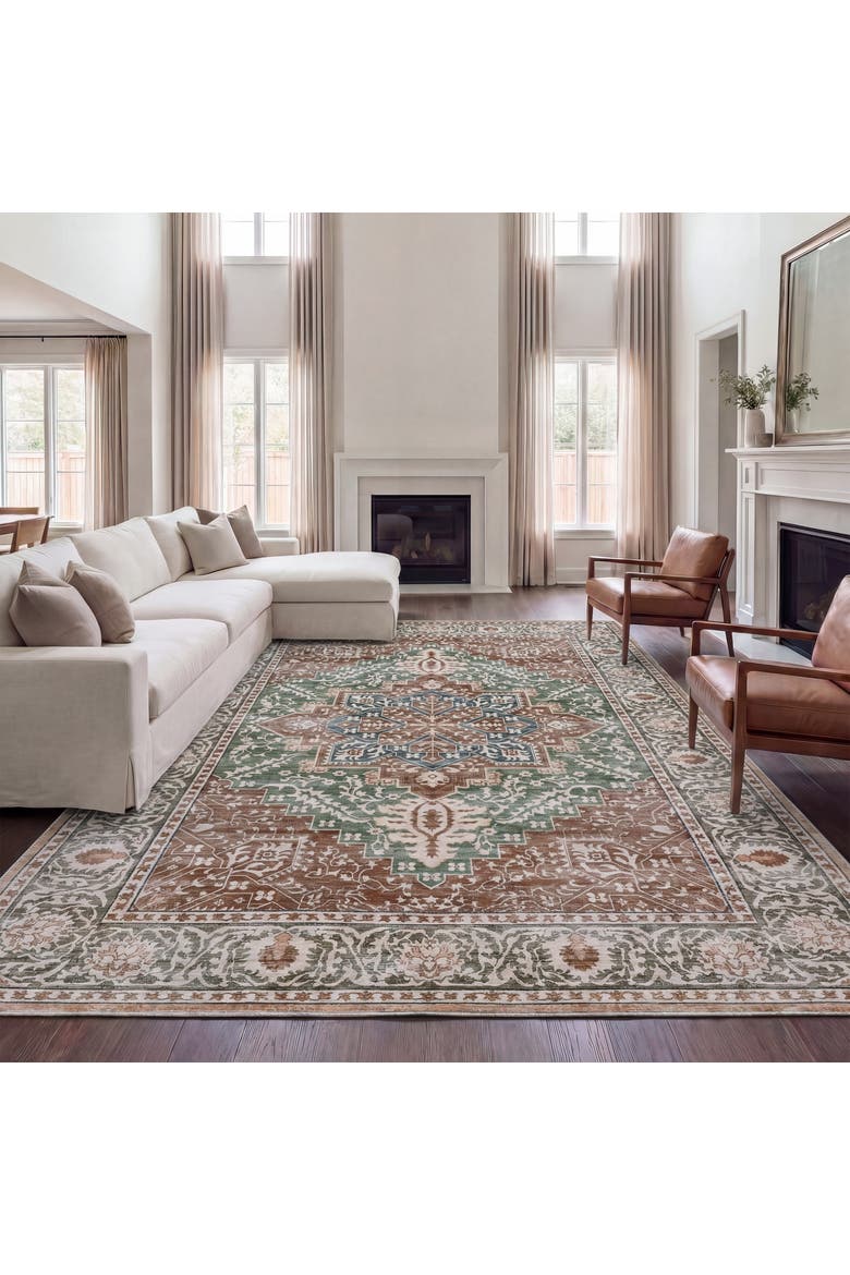 Eleanor Vintage Medallion Border Non-Slip Machine-Washable Green/Brown 4 ft. x 6 ft. Area Rug, Alternate, color, Green/Brown