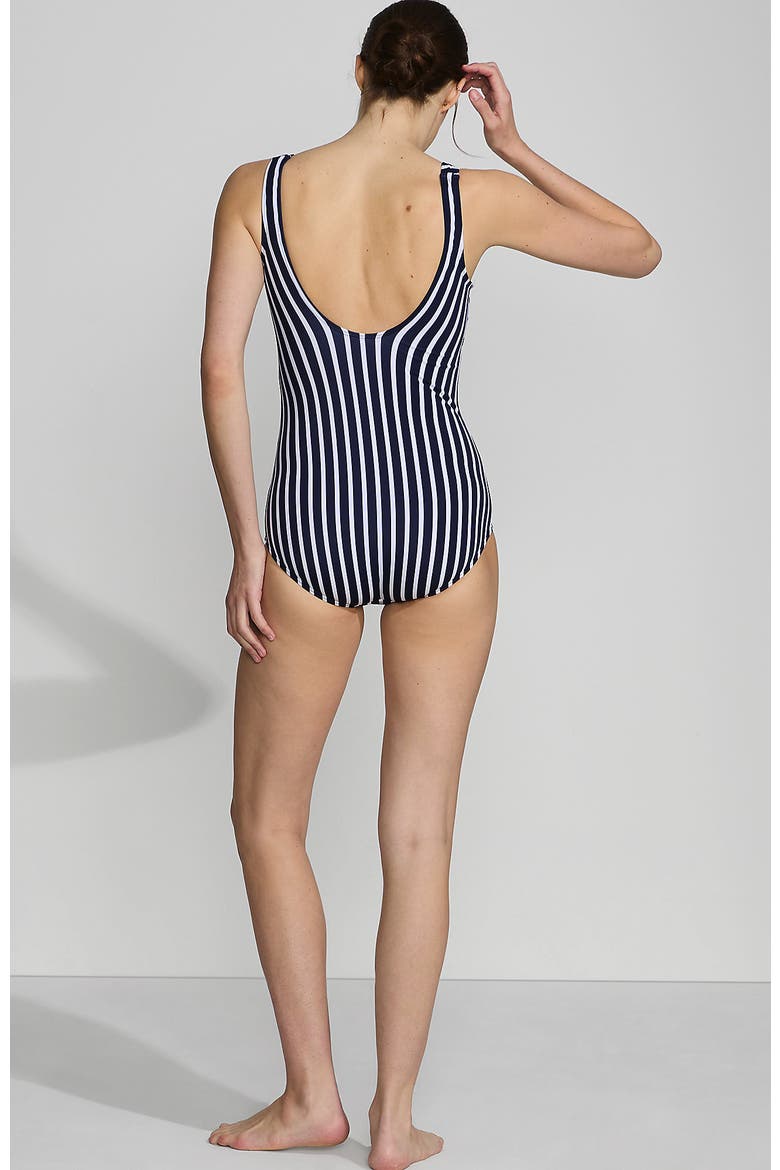 D-Cup Chlorine Resistant Scoop Neck Soft Cup Tugless Sporty One Piece Swimsuit Print, Alternate, color, Deep Sea/White Media Stripe
