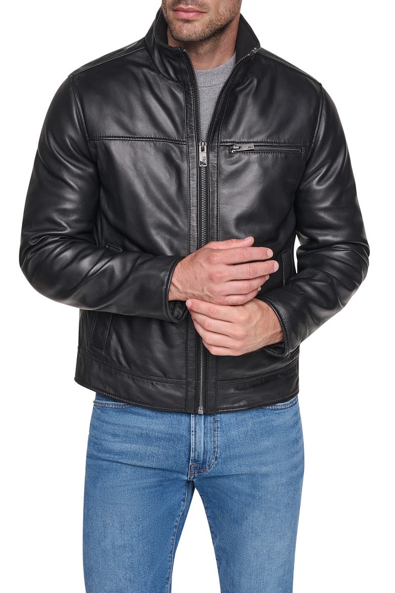 Stand Collar Leather Jacket, Main, color, BLACK