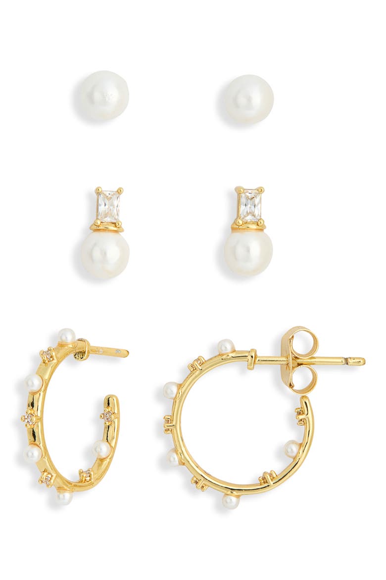 Assorted 3-Pack Pearl & Cubic Zirconia Earrings Set, Main, color, CLEAR- WHITE- GOLD