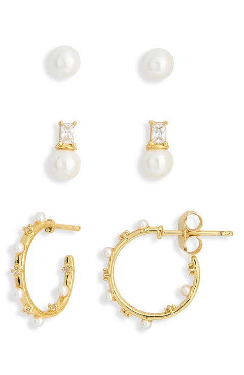Assorted 3-Pack Pearl & Cubic Zirconia Earrings Set